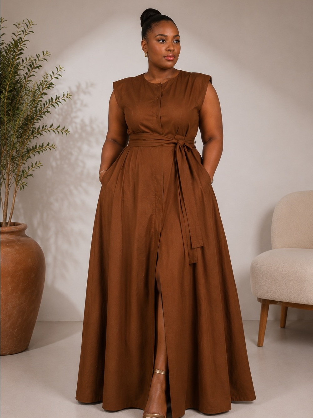 Sleeveless Brown Maxi Dress with Waist Tie